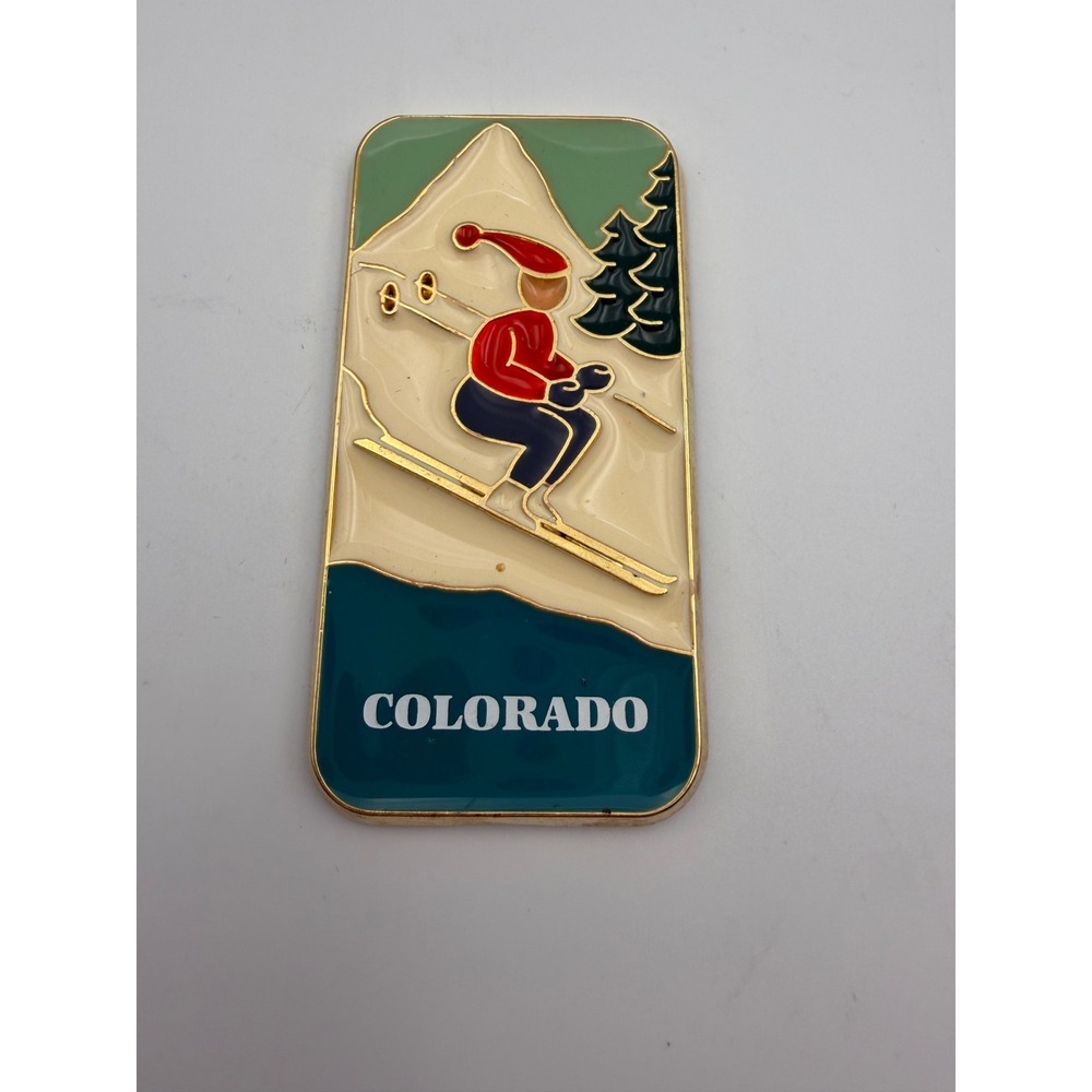 Vintage Colorado Skiing Souvenir Magnet Retro Skier Mountain Scene Gold Tone